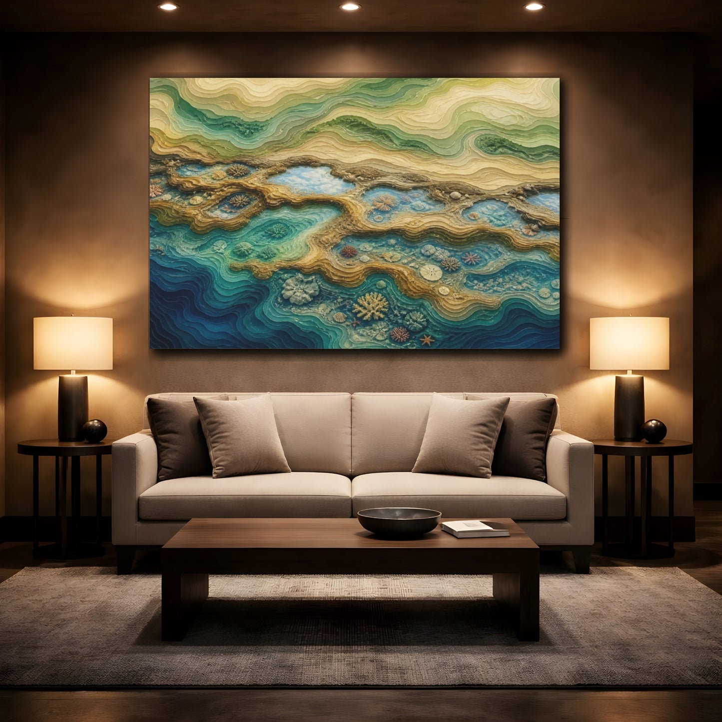 Mockup 2. Tidal Pool Coral Layers shown as canvas print