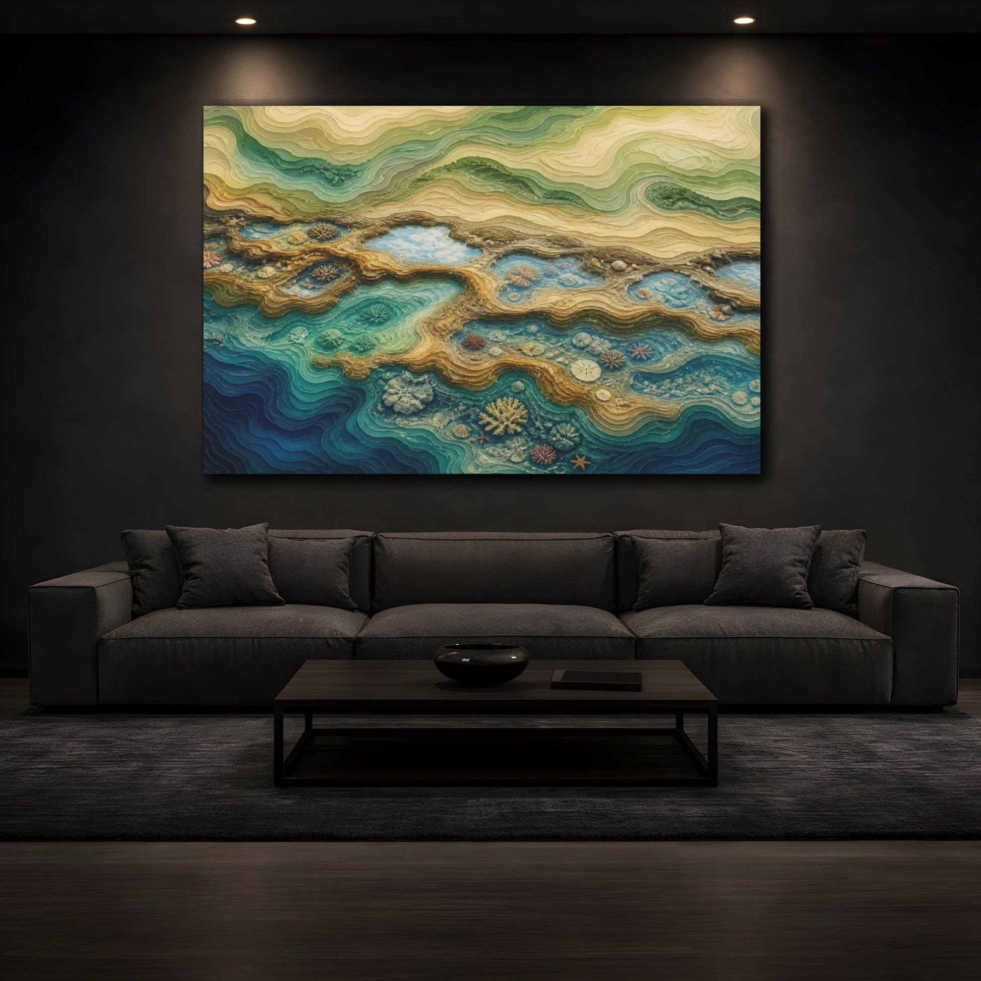 Mockup 3. Tidal Pool Coral Layers shown as canvas print