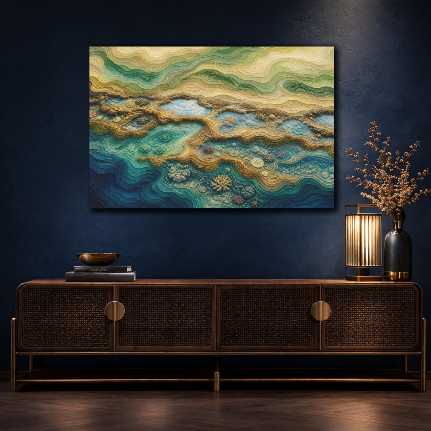 Mockup 4. Tidal Pool Coral Layers shown as canvas print