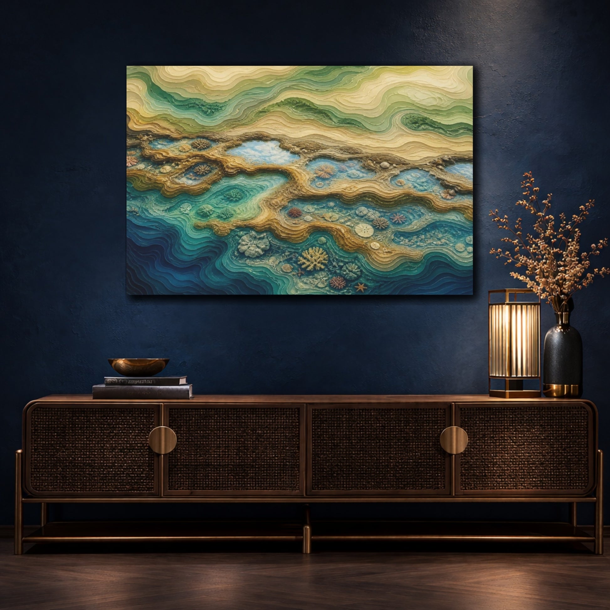 Mockup 4. Tidal Pool Coral Layers shown as canvas print