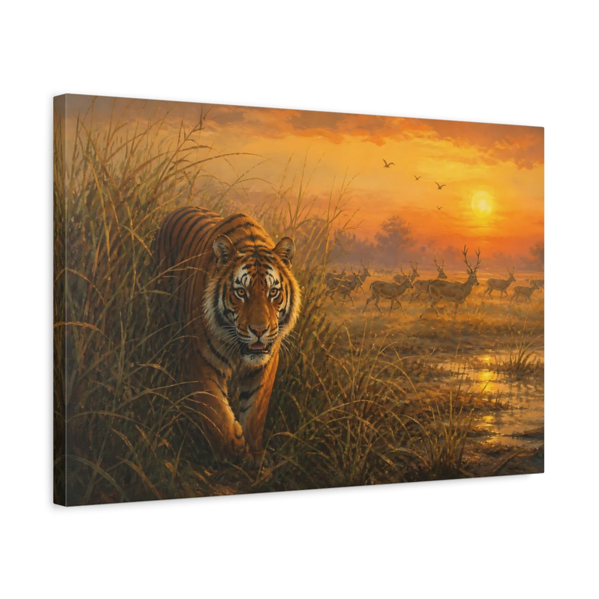 Side Mockup 3. Tiger At Sunrise shown as canvas print