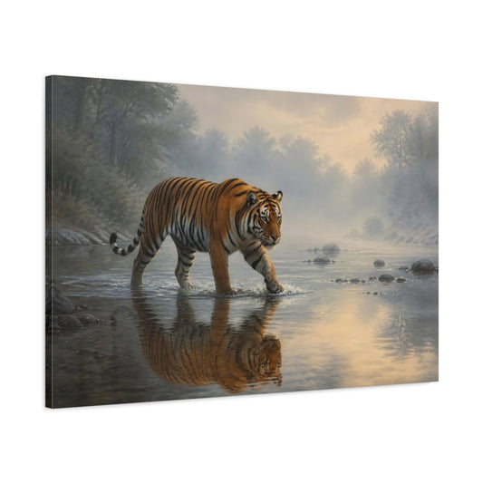 Main Mockup. Tiger Crossing At Dawn shown as canvas print