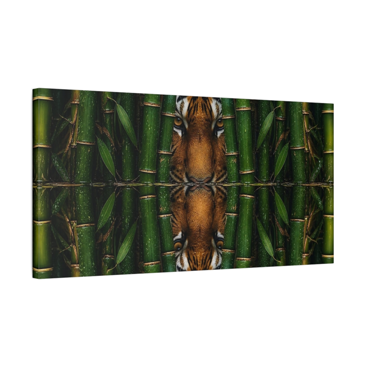 Side Mockup 1. Tiger In Bamboo Reflection shown as canvas print