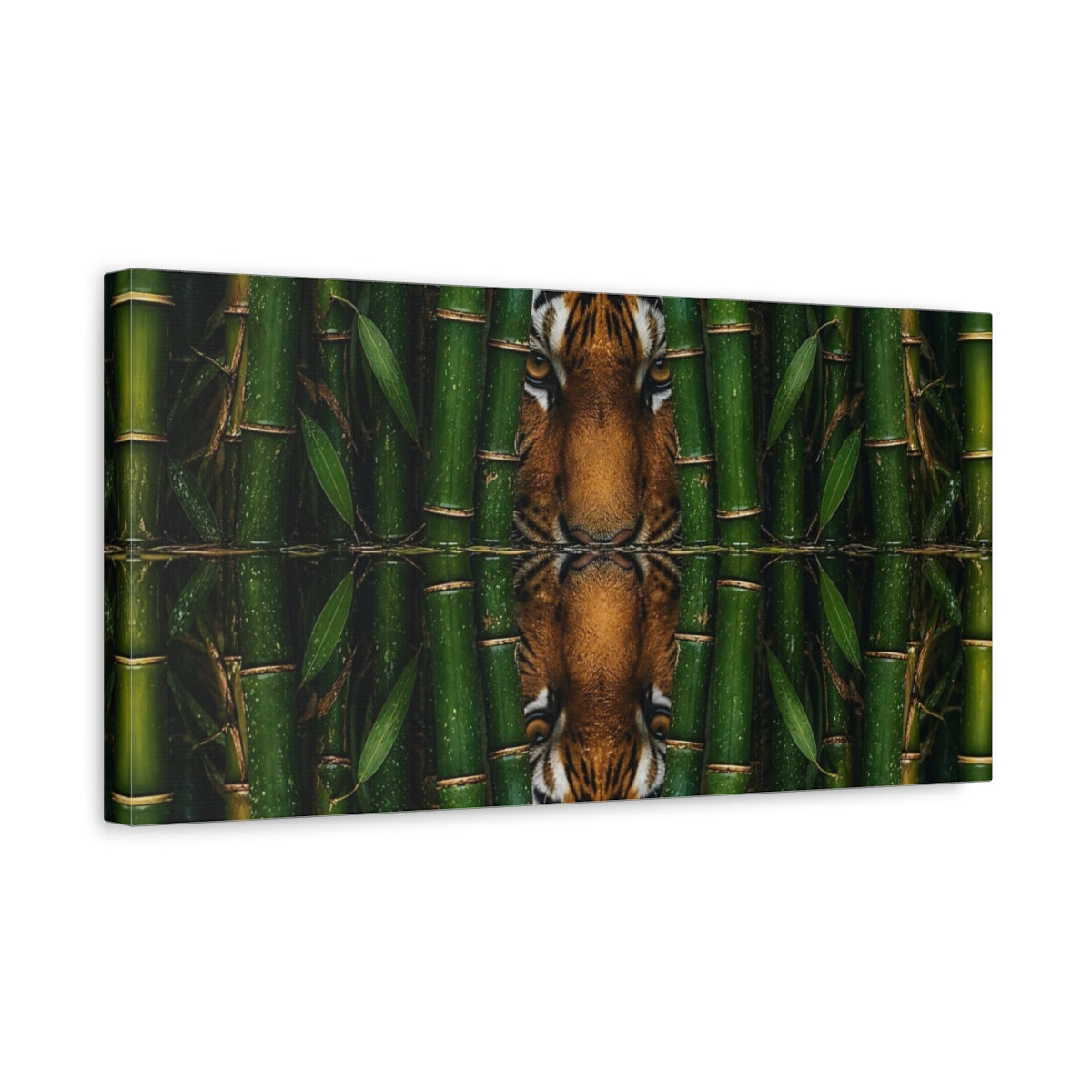 Side Mockup 3. Tiger In Bamboo Reflection shown as canvas print
