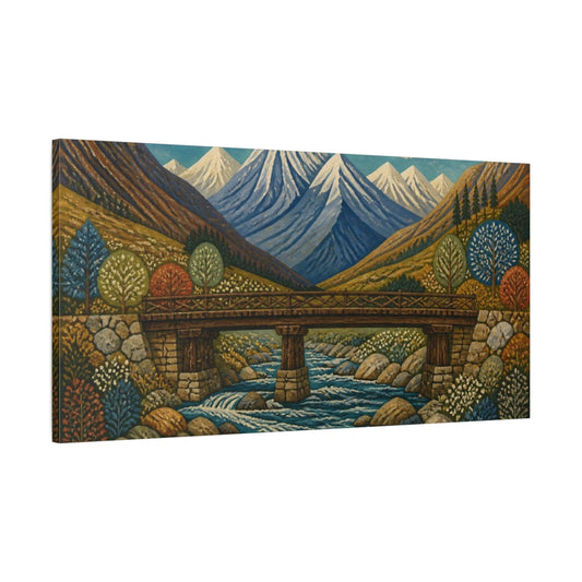 Main Mockup. Timber Bridge Beneath Snowy Peaks shown as canvas print