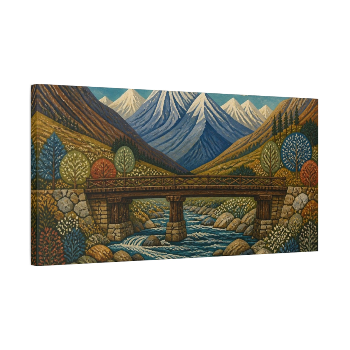 Side Mockup 1. Timber Bridge Beneath Snowy Peaks shown as canvas print