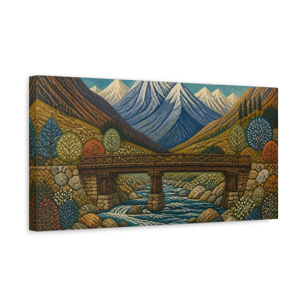 Side Mockup 3. Timber Bridge Beneath Snowy Peaks shown as canvas print