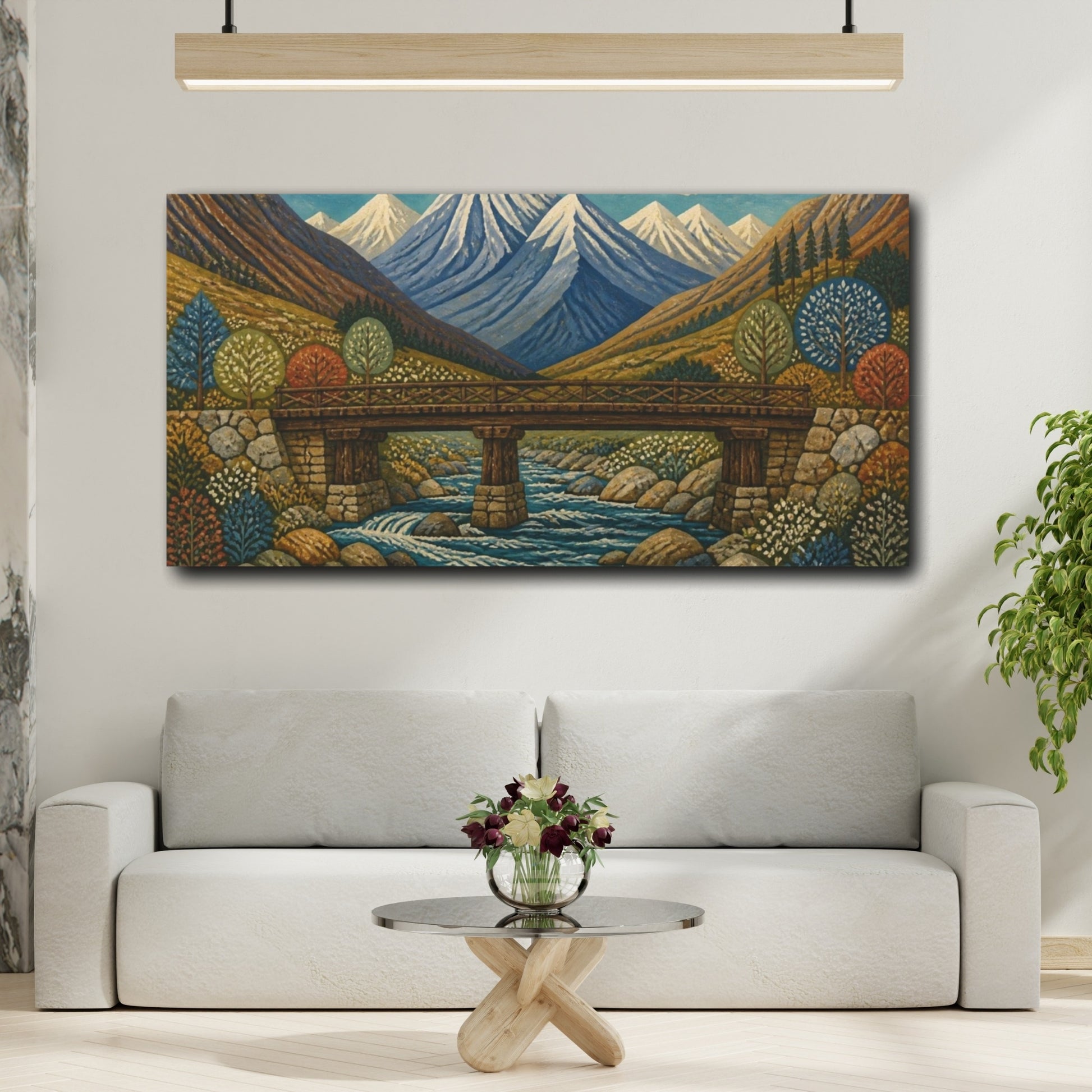 Mockup 2. Timber Bridge Beneath Snowy Peaks shown as canvas print