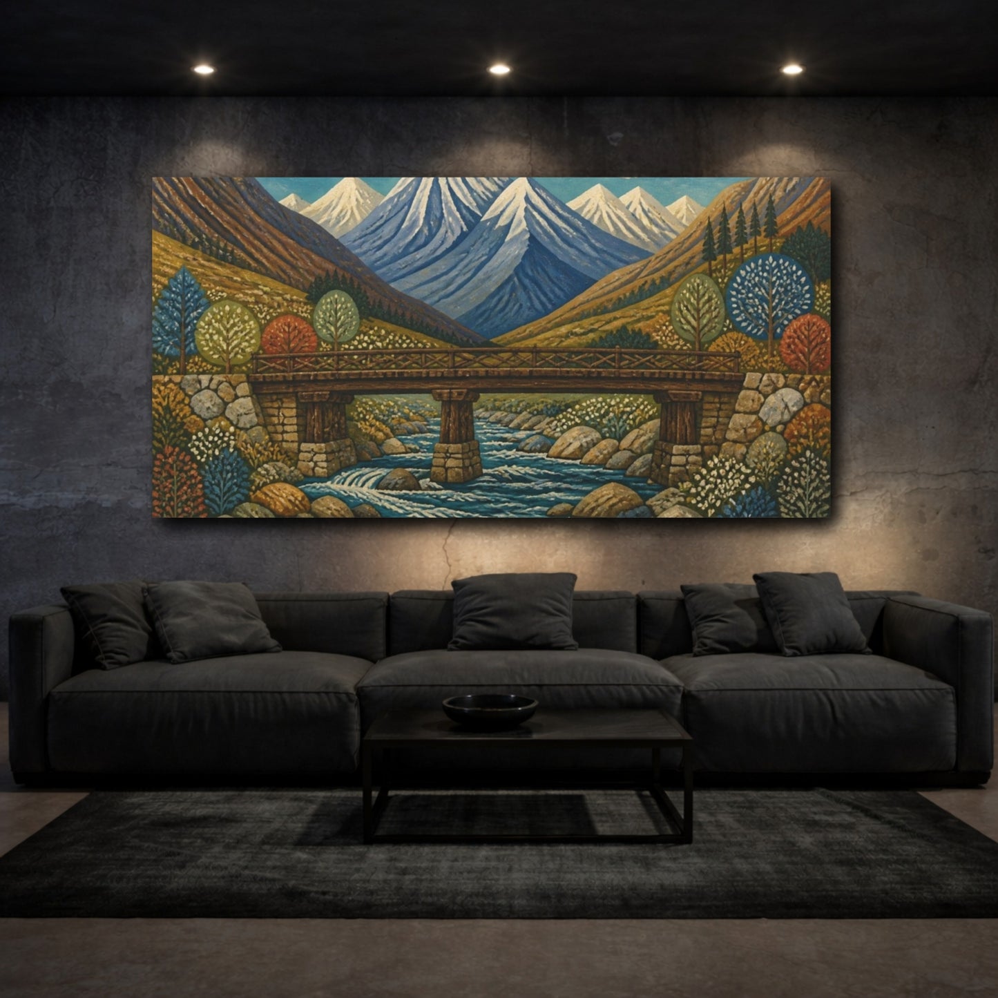 Mockup 3. Timber Bridge Beneath Snowy Peaks shown as canvas print