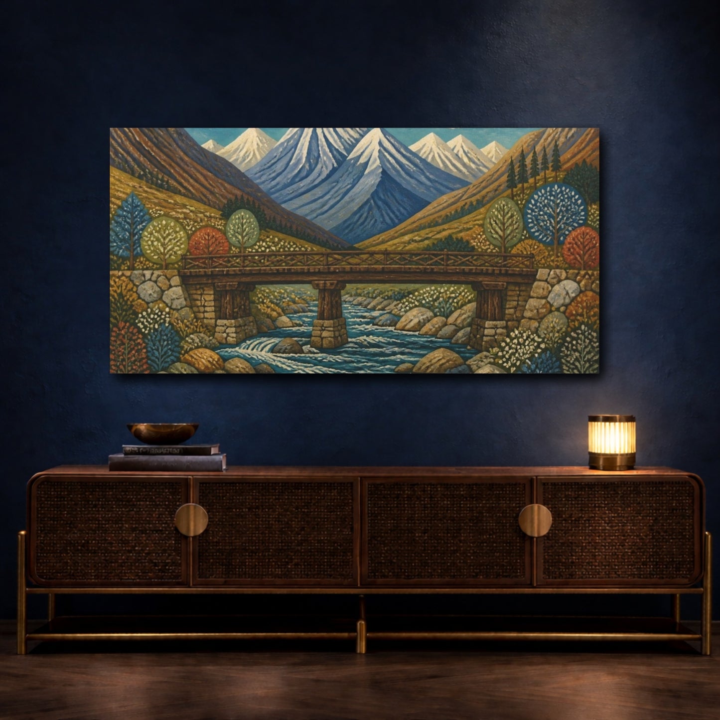 Mockup 4. Timber Bridge Beneath Snowy Peaks shown as canvas print