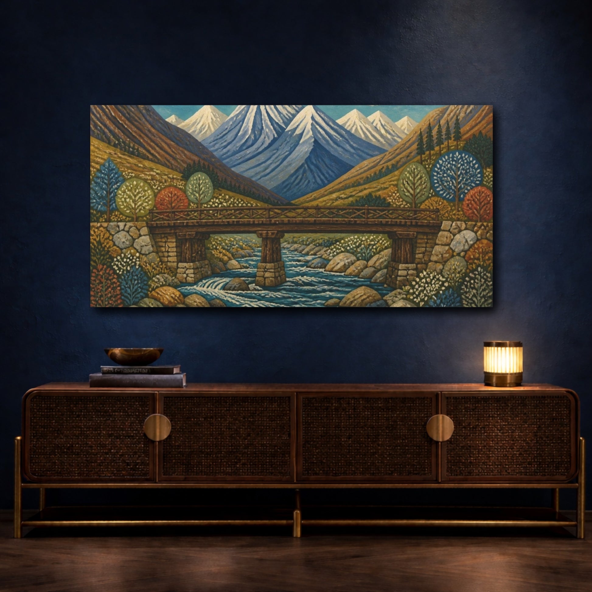 Mockup 4. Timber Bridge Beneath Snowy Peaks shown as canvas print