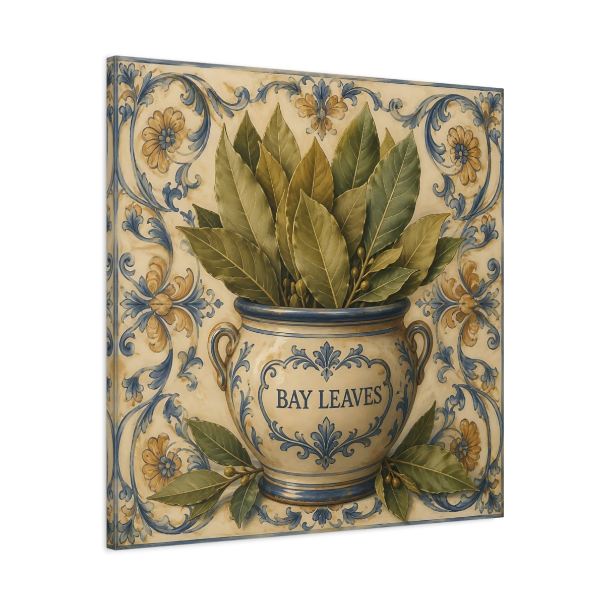 Side Mockup 3. Timeless Heritage Painting Bay Leaves In Ceramic Jar shown as stretched canvas wall art