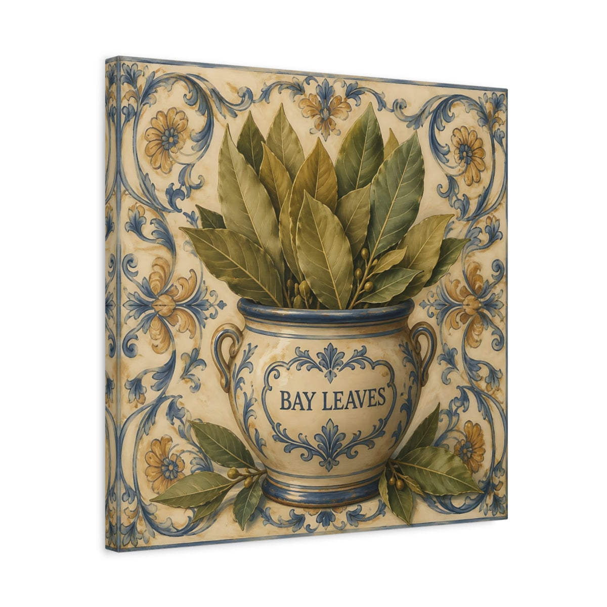 Side Mockup 5. Timeless Heritage Painting Bay Leaves In Ceramic Jar shown as stretched canvas wall art