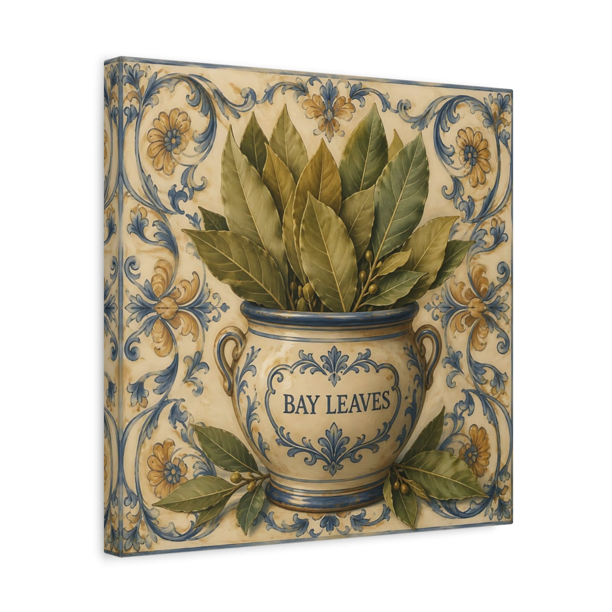 Side Mockup 6. Timeless Heritage Painting Bay Leaves In Ceramic Jar shown as stretched canvas wall art