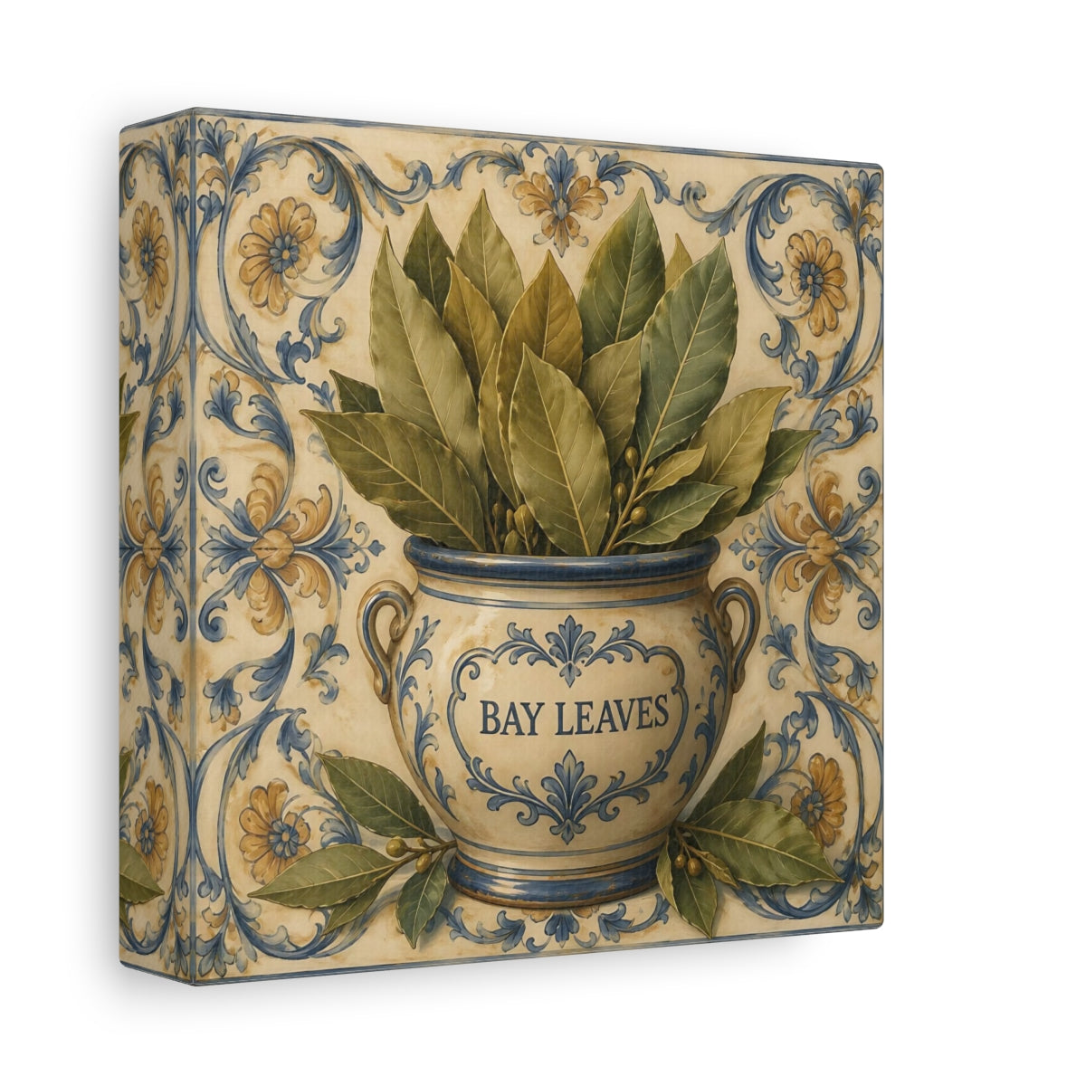 Side Mockup 2. Timeless Heritage Painting Bay Leaves In Ceramic Jar shown as stretched canvas wall art