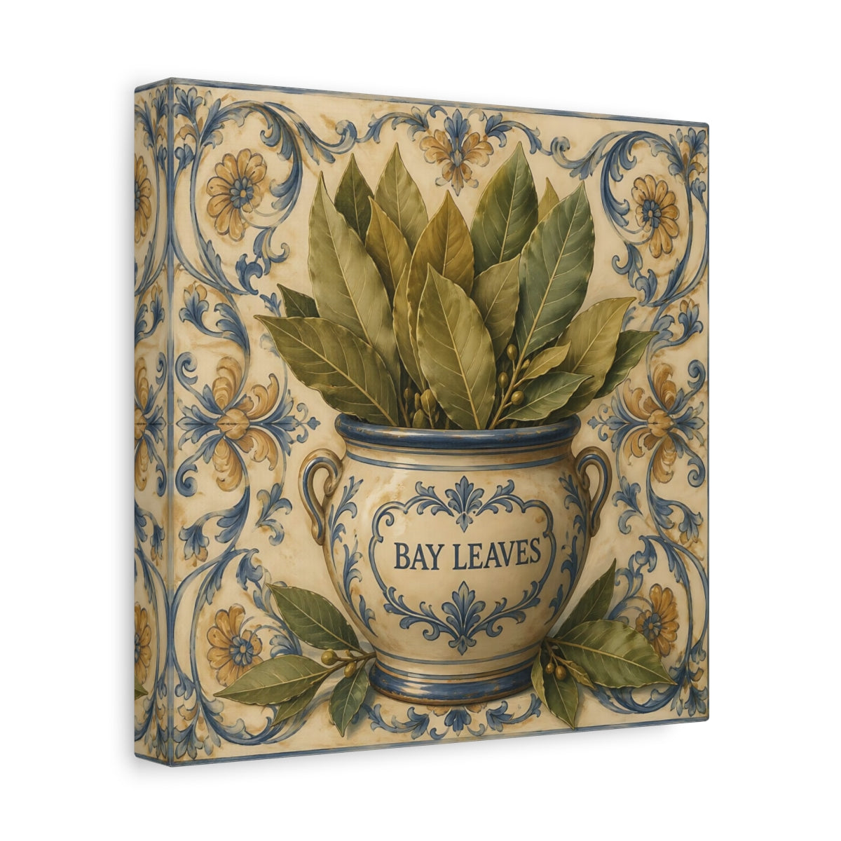 Side Mockup 9. Timeless Heritage Painting Bay Leaves In Ceramic Jar shown as stretched canvas wall art