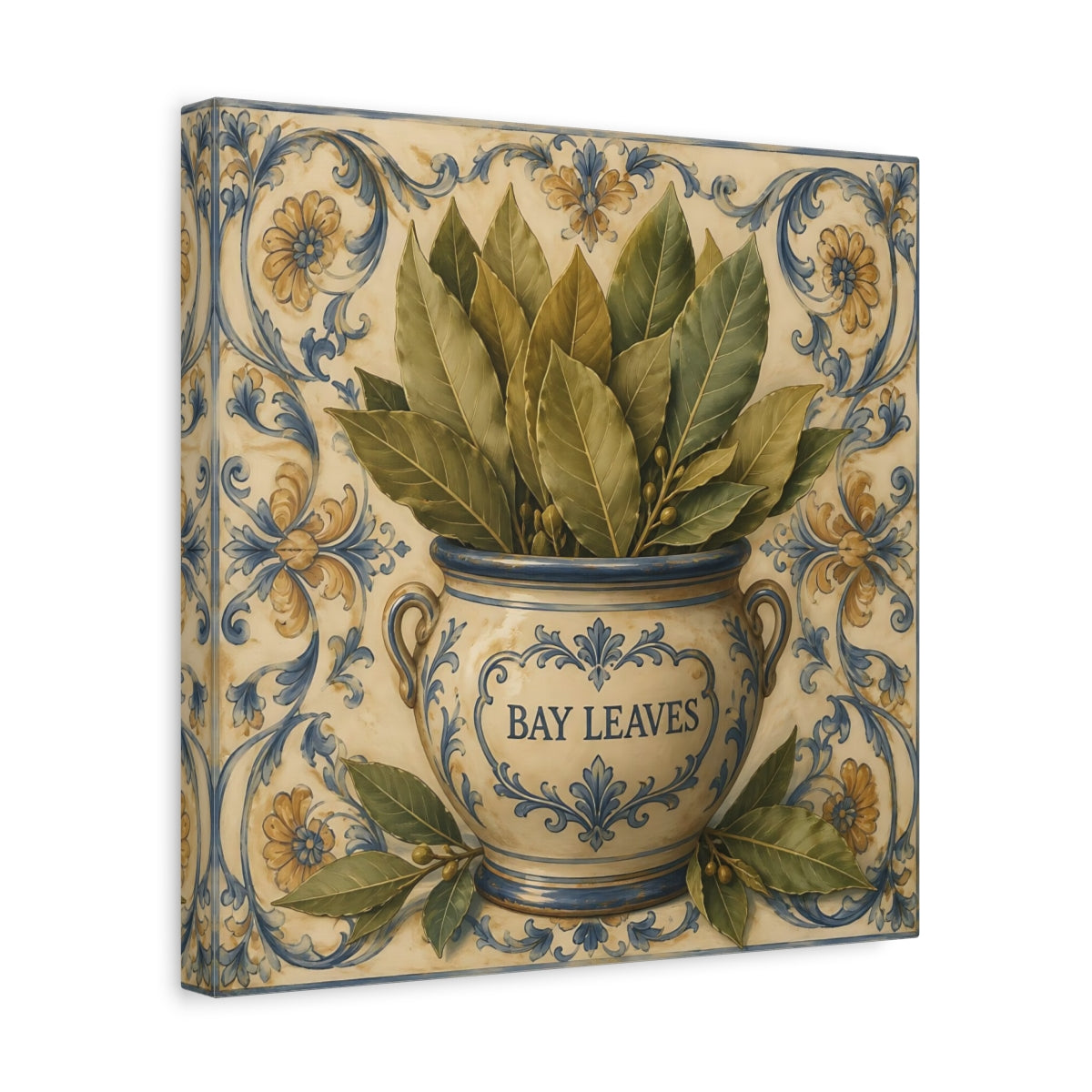 Side Mockup 7. Timeless Heritage Painting Bay Leaves In Ceramic Jar shown as stretched canvas wall art