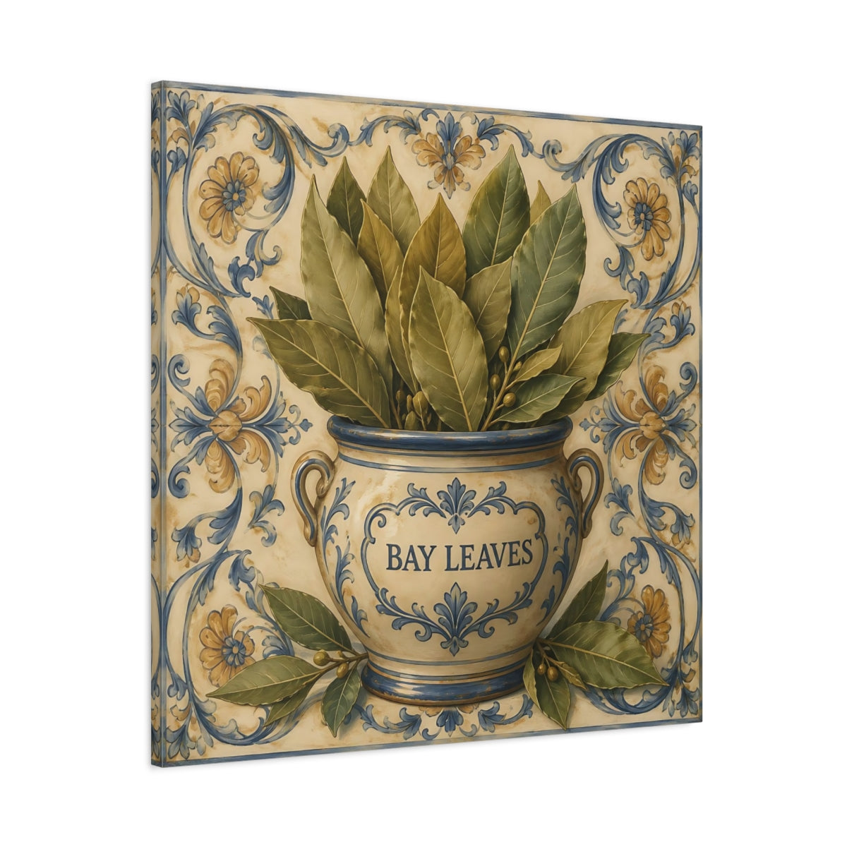 Main Mockup. Timeless Heritage Painting Bay Leaves In Ceramic Jar shown as stretched canvas wall art