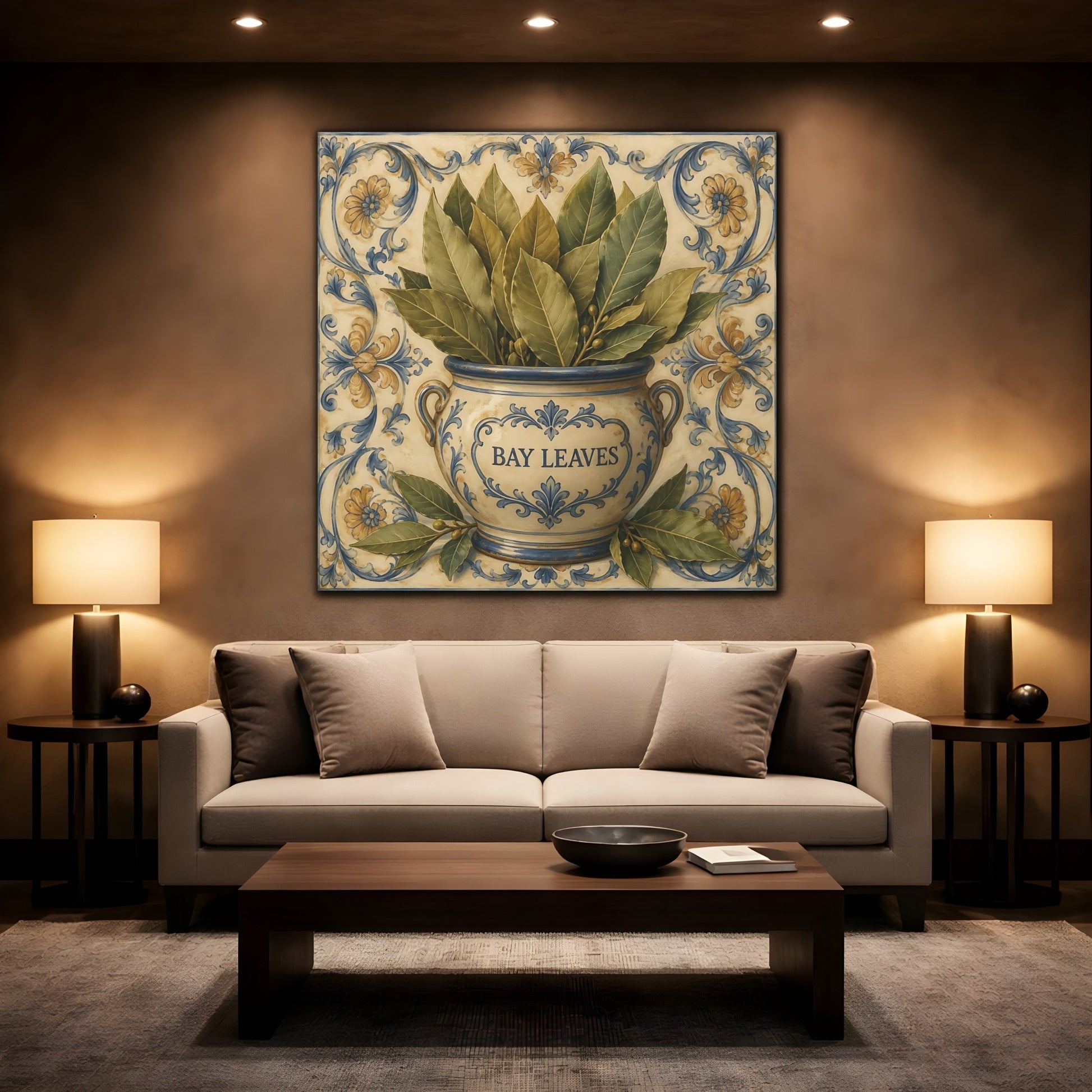 Mockup 2. Timeless Heritage Painting Bay Leaves In Ceramic Jar shown as stretched canvas wall art