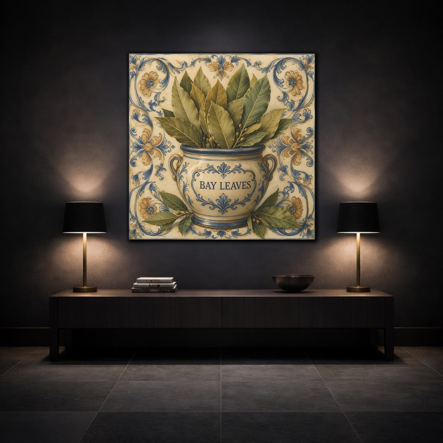 Mockup 3. Timeless Heritage Painting Bay Leaves In Ceramic Jar shown as stretched canvas wall art