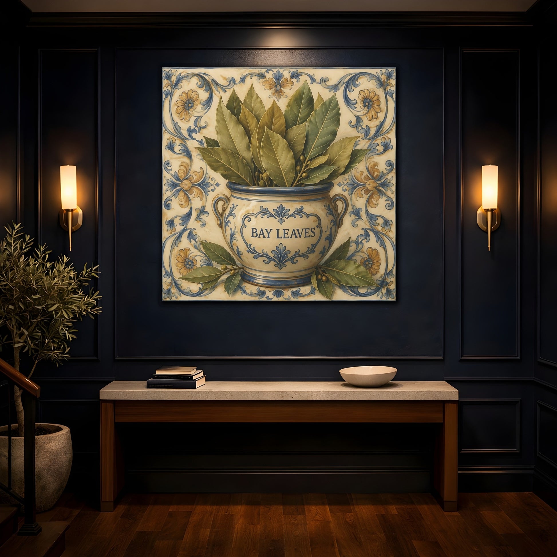 Mockup 4. Timeless Heritage Painting Bay Leaves In Ceramic Jar shown as stretched canvas wall art