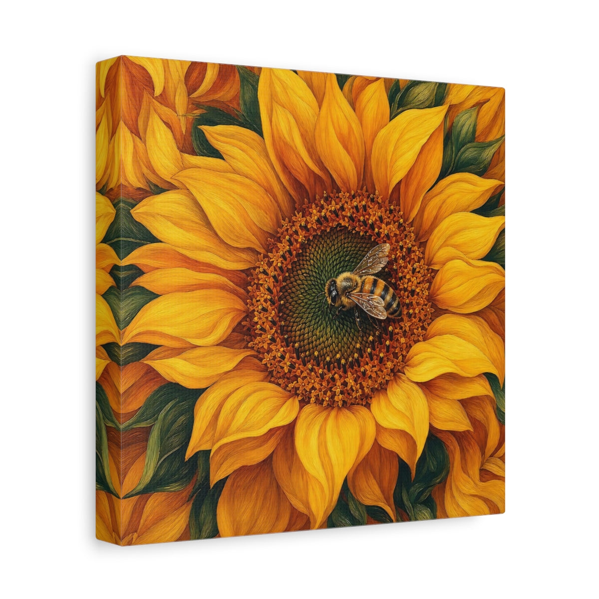 Side Mockup 9. Timeless Heritage Painting Bee On Sunflower Center shown as stretched canvas wall art