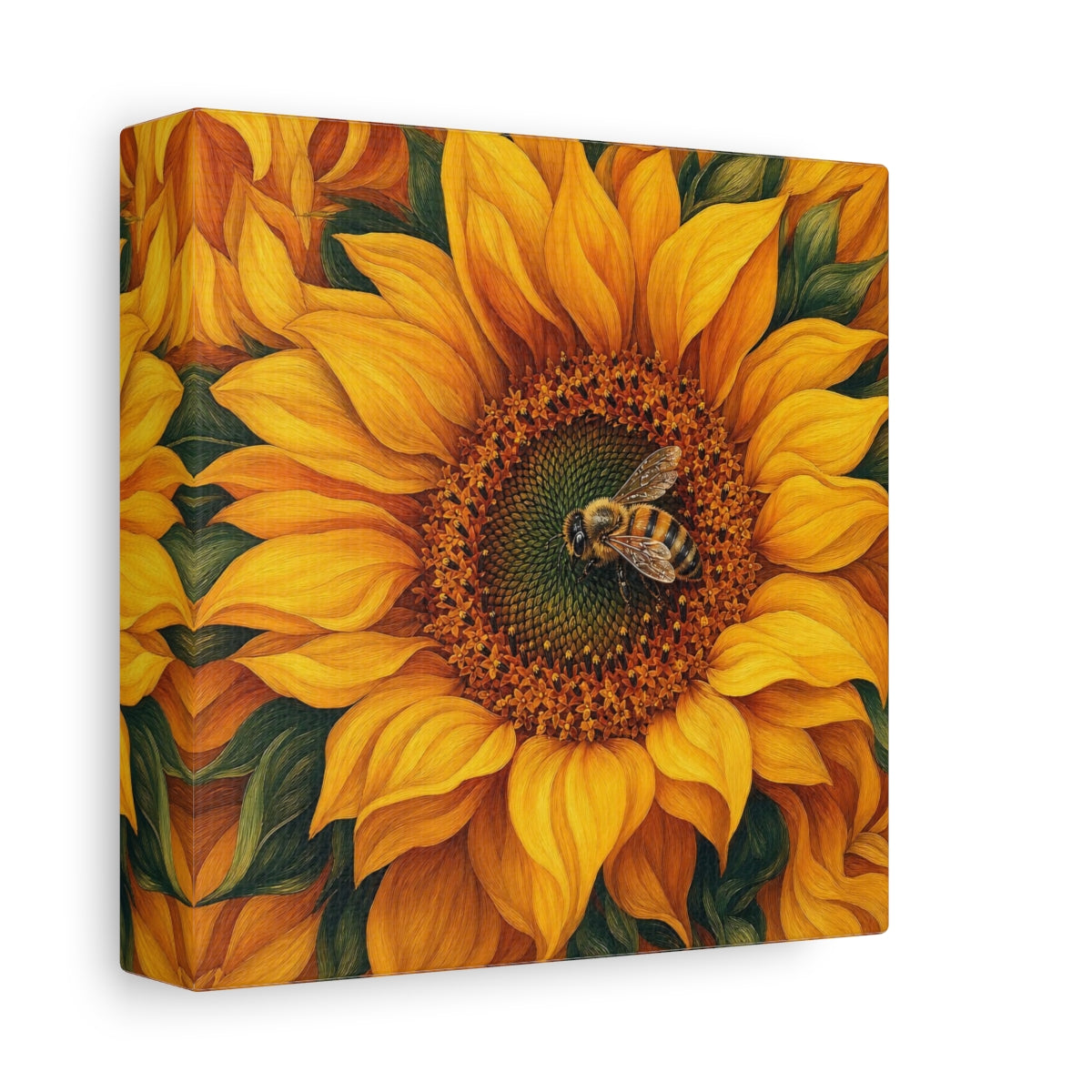 Side Mockup 2. Timeless Heritage Painting Bee On Sunflower Center shown as stretched canvas wall art