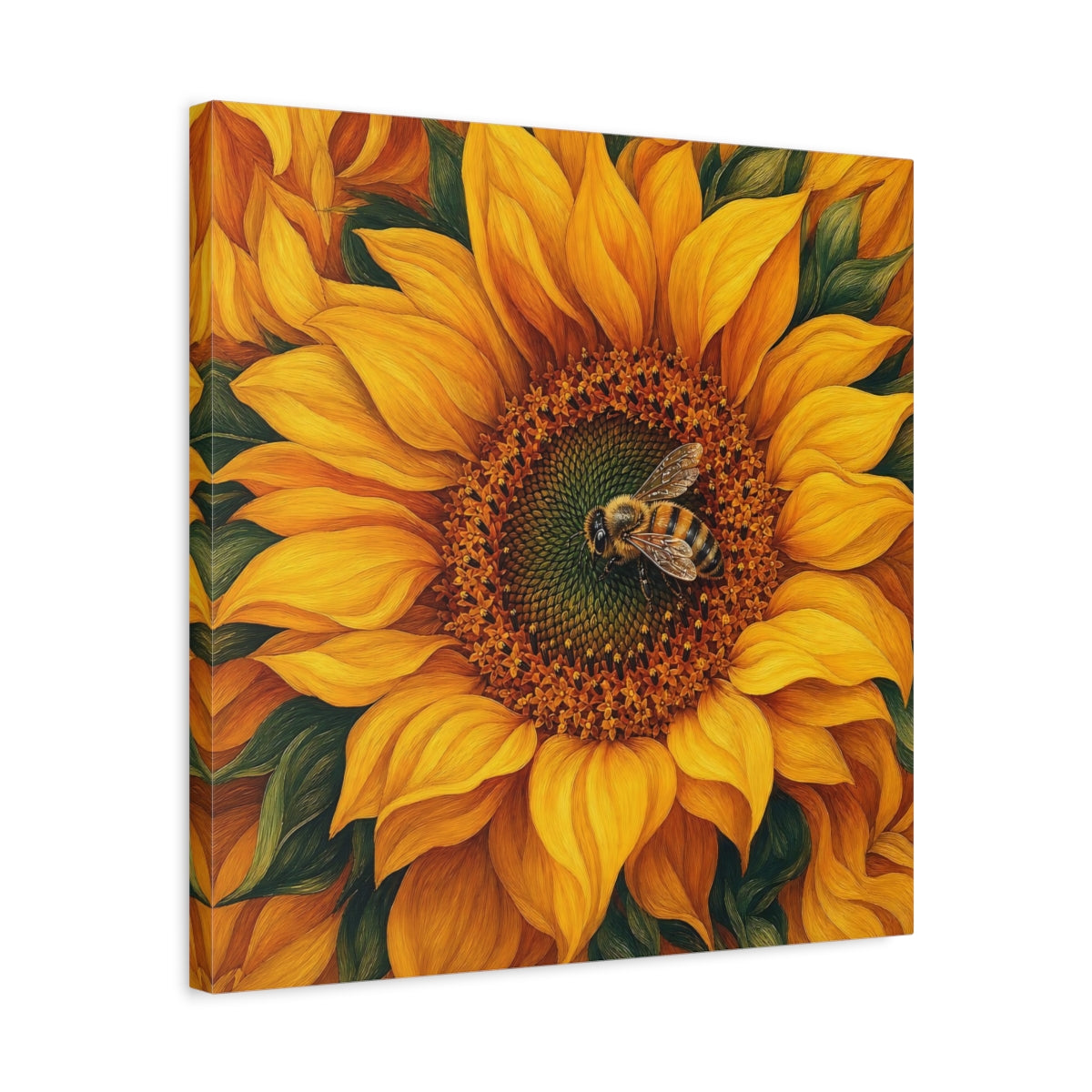 Side Mockup 5. Timeless Heritage Painting Bee On Sunflower Center shown as stretched canvas wall art