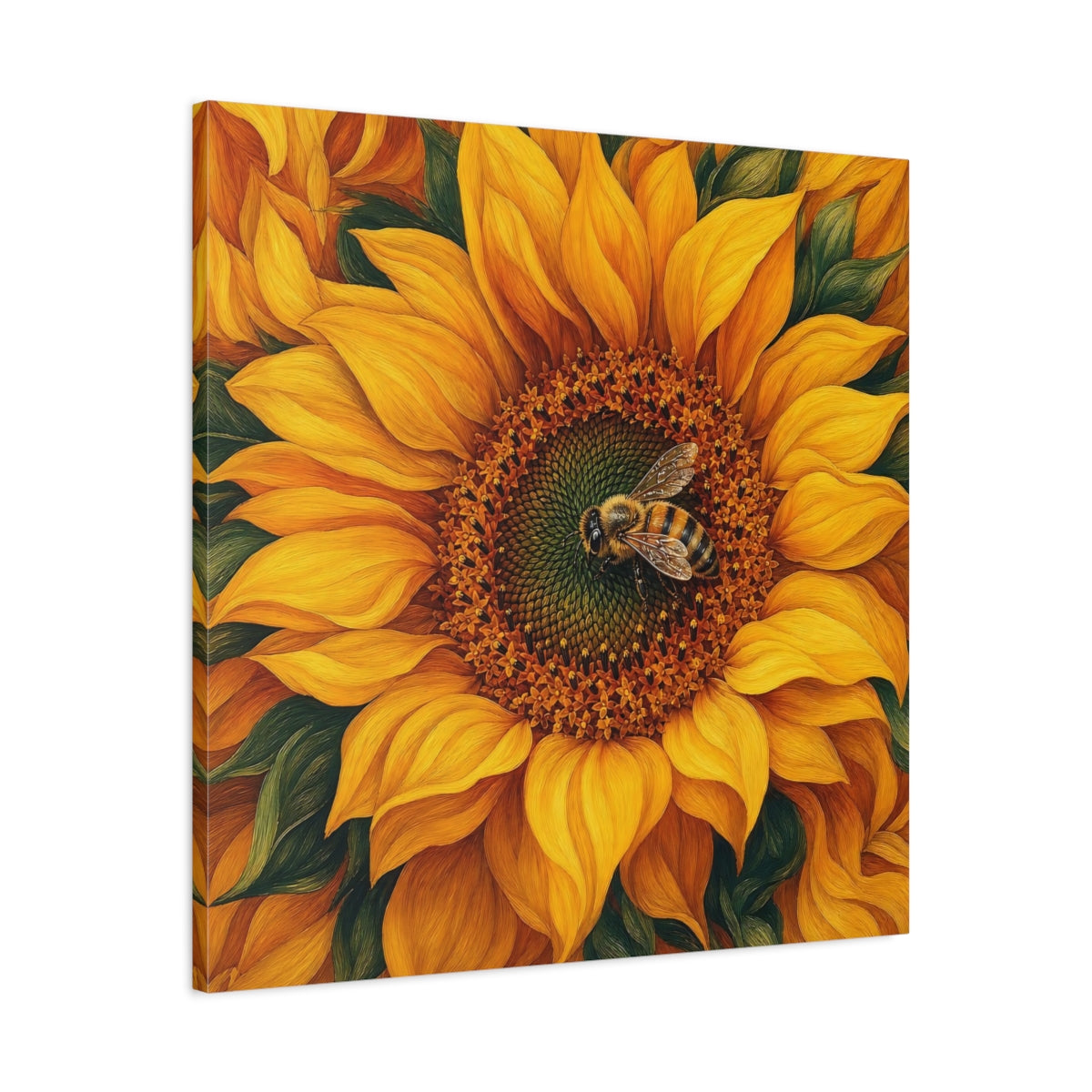 Side Mockup 3. Timeless Heritage Painting Bee On Sunflower Center shown as stretched canvas wall art
