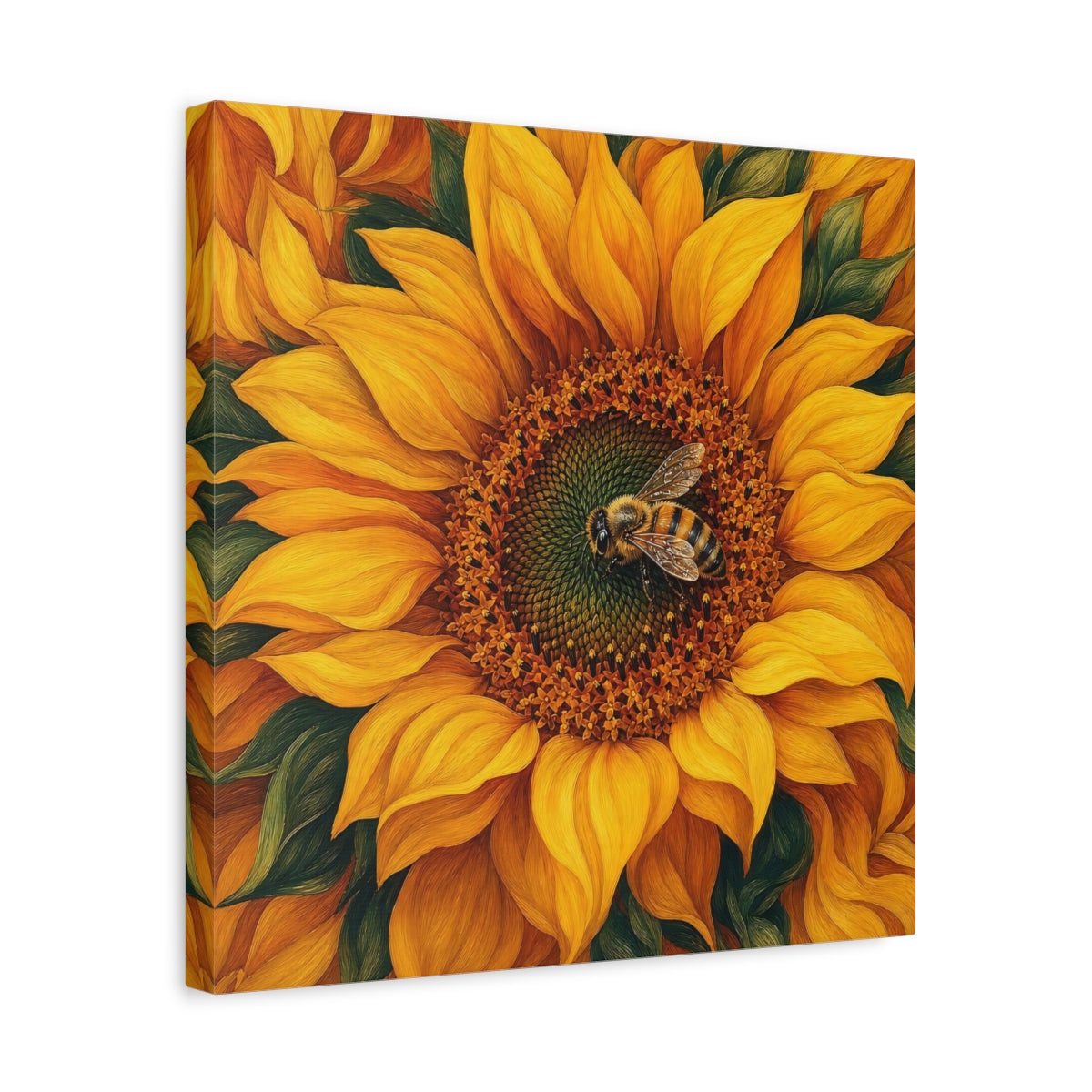Side Mockup 6. Timeless Heritage Painting Bee On Sunflower Center shown as stretched canvas wall art