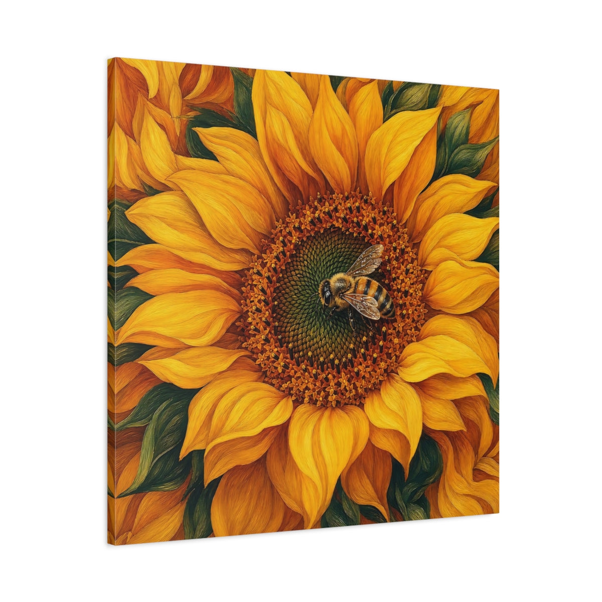 Main Mockup. Timeless Heritage Painting Bee On Sunflower Center shown as stretched canvas wall art