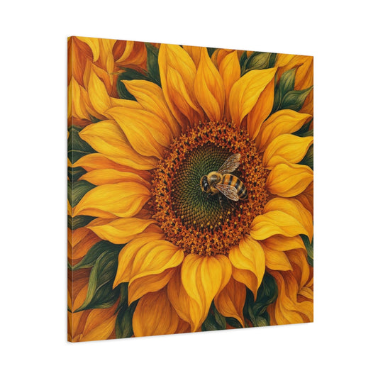 Main Mockup. Timeless Heritage Painting Bee On Sunflower Center shown as stretched canvas wall art