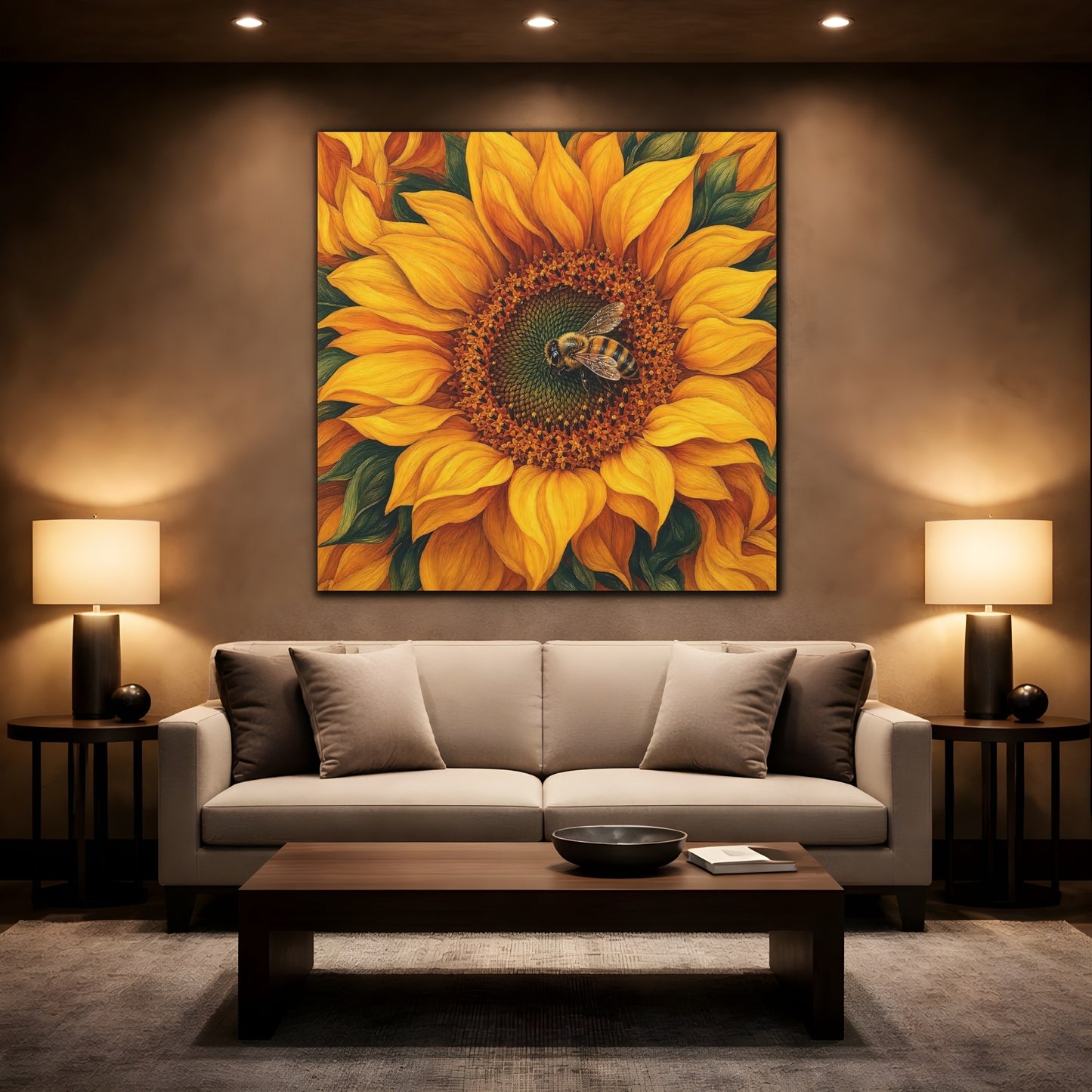 Mockup 2. Timeless Heritage Painting Bee On Sunflower Center shown as stretched canvas wall art