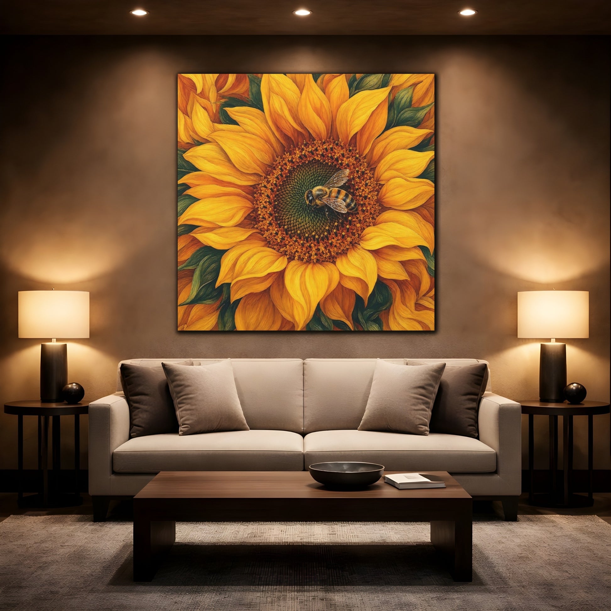 Mockup 2. Timeless Heritage Painting Bee On Sunflower Center shown as stretched canvas wall art