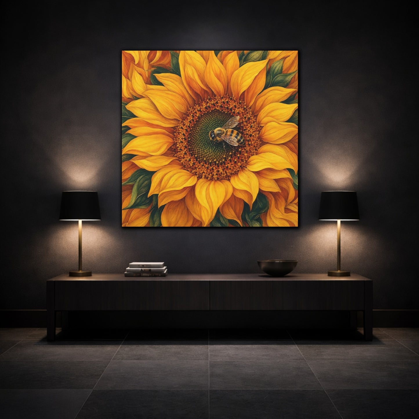 Mockup 3. Timeless Heritage Painting Bee On Sunflower Center shown as stretched canvas wall art