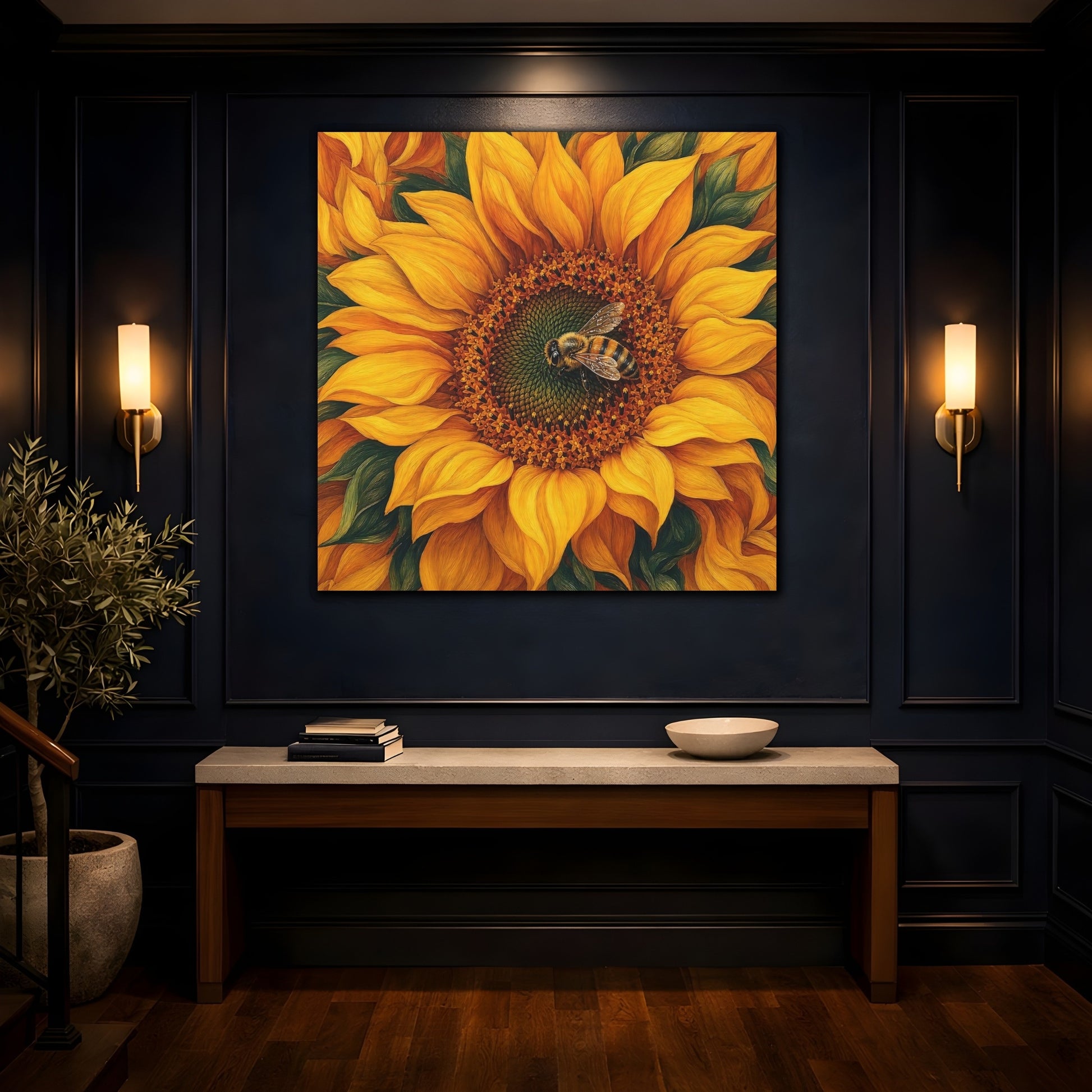 Mockup 4. Timeless Heritage Painting Bee On Sunflower Center shown as stretched canvas wall art