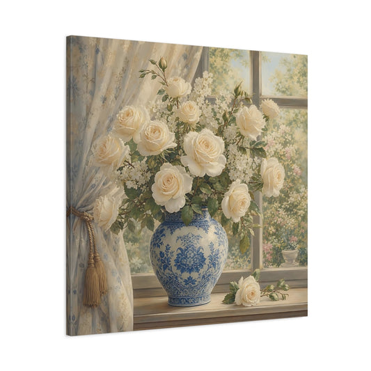 Main Mockup. Timeless Heritage Painting Ivory Roses In Porcelain Vase shown as stretched canvas wall art