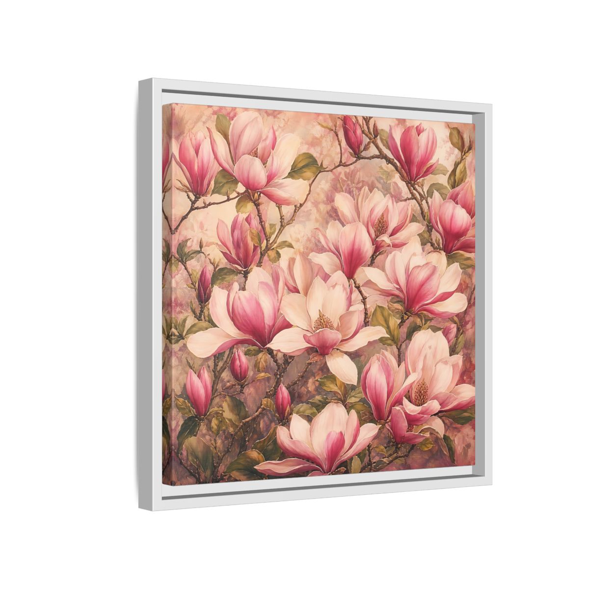 Side Mockup 13. Timeless Heritage Painting Pink Magnolia Blossoms On Branch shown as stretched canvas wall art