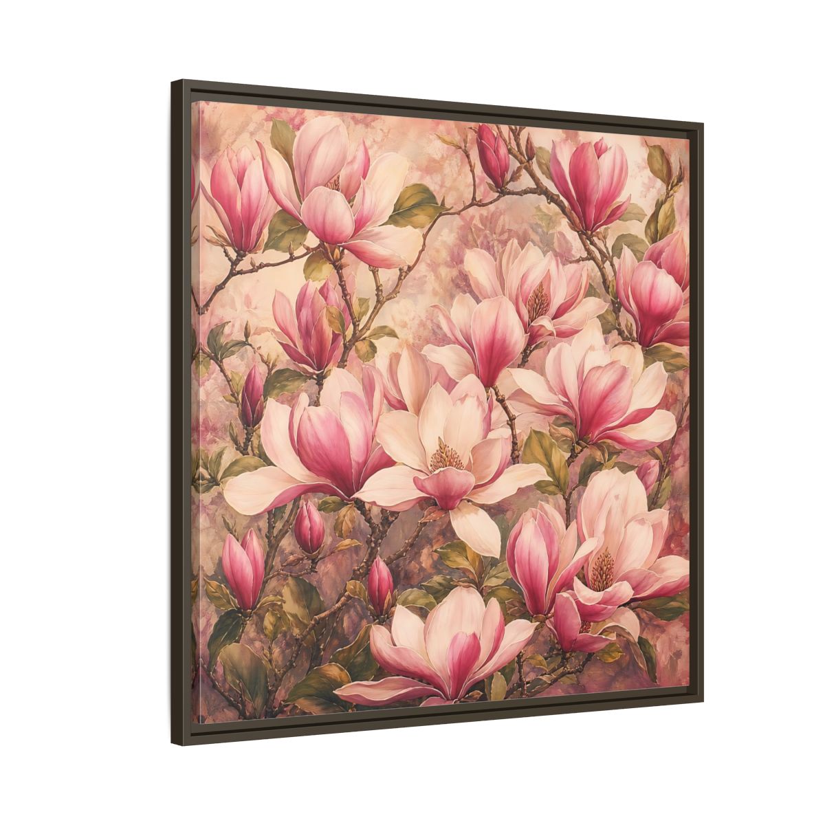 Side Mockup 8. Timeless Heritage Painting Pink Magnolia Blossoms On Branch shown as stretched canvas wall art