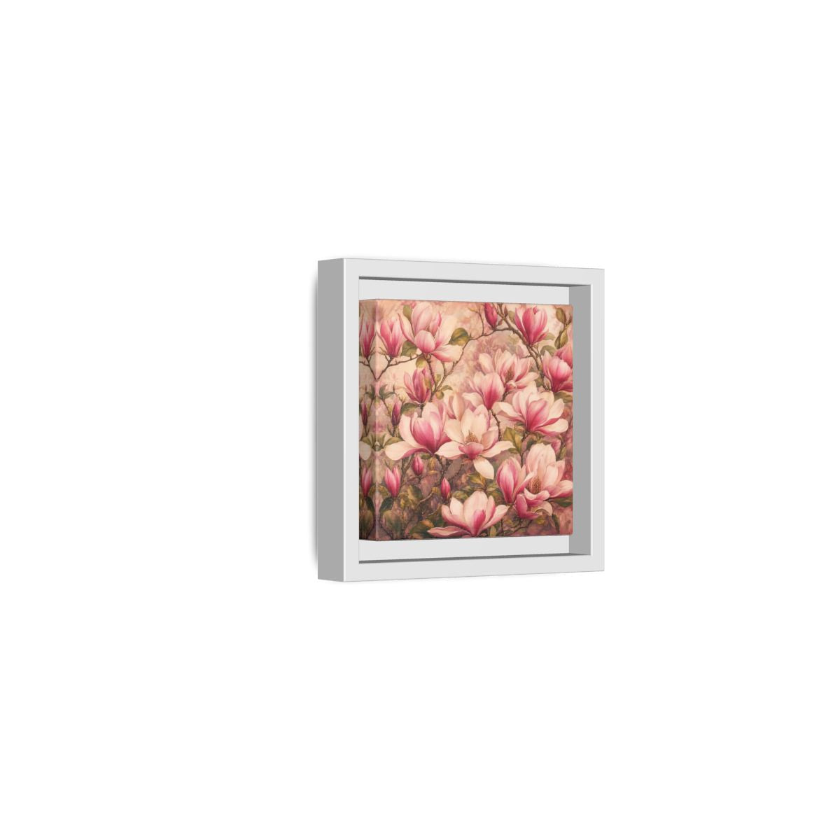 Side Mockup 22. Timeless Heritage Painting Pink Magnolia Blossoms On Branch shown as stretched canvas wall art