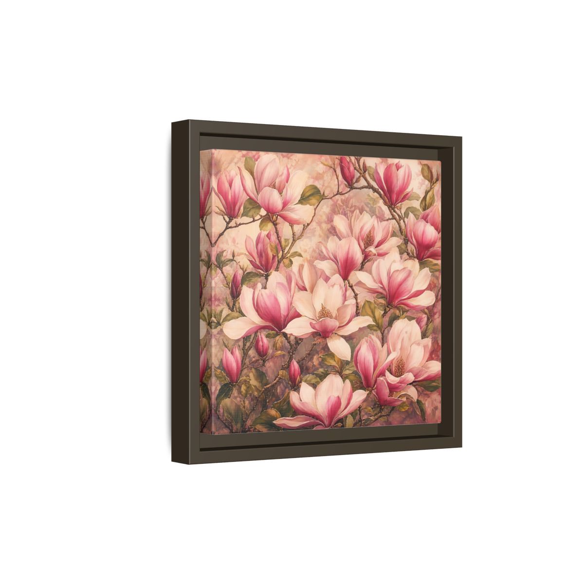 Side Mockup 20. Timeless Heritage Painting Pink Magnolia Blossoms On Branch shown as stretched canvas wall art