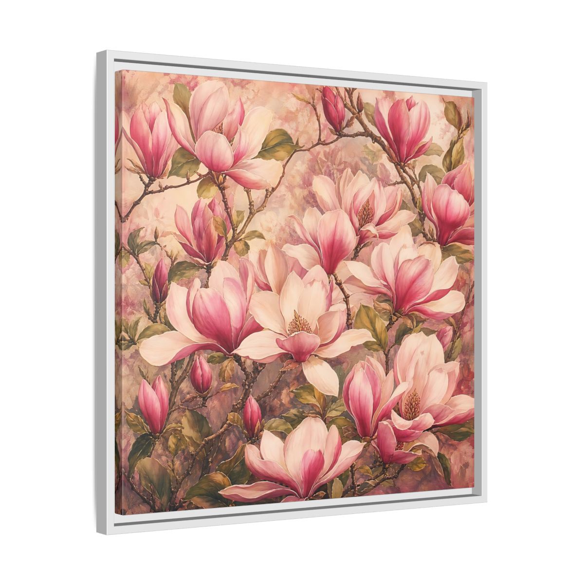 Side Mockup 26. Timeless Heritage Painting Pink Magnolia Blossoms On Branch shown as stretched canvas wall art