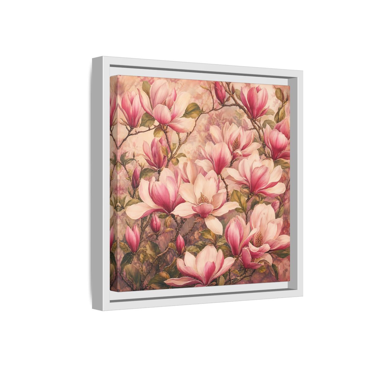 Side Mockup 16. Timeless Heritage Painting Pink Magnolia Blossoms On Branch shown as stretched canvas wall art
