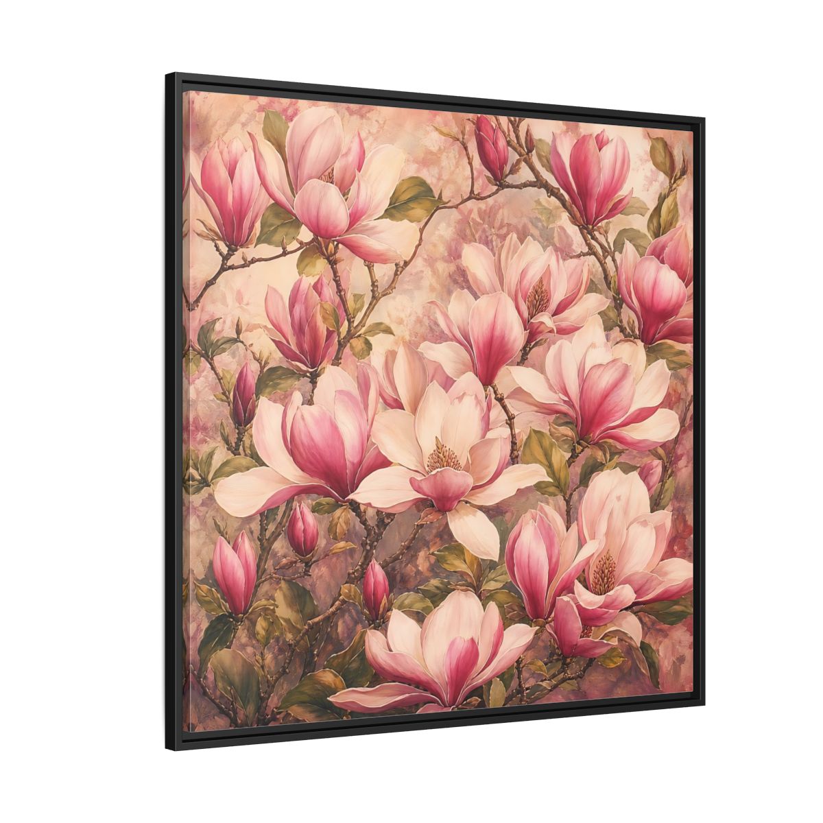 Side Mockup 6. Timeless Heritage Painting Pink Magnolia Blossoms On Branch shown as stretched canvas wall art