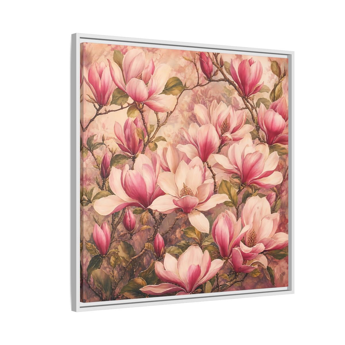 Side Mockup 7. Timeless Heritage Painting Pink Magnolia Blossoms On Branch shown as stretched canvas wall art