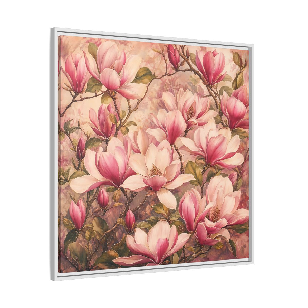 Side Mockup 25. Timeless Heritage Painting Pink Magnolia Blossoms On Branch shown as stretched canvas wall art