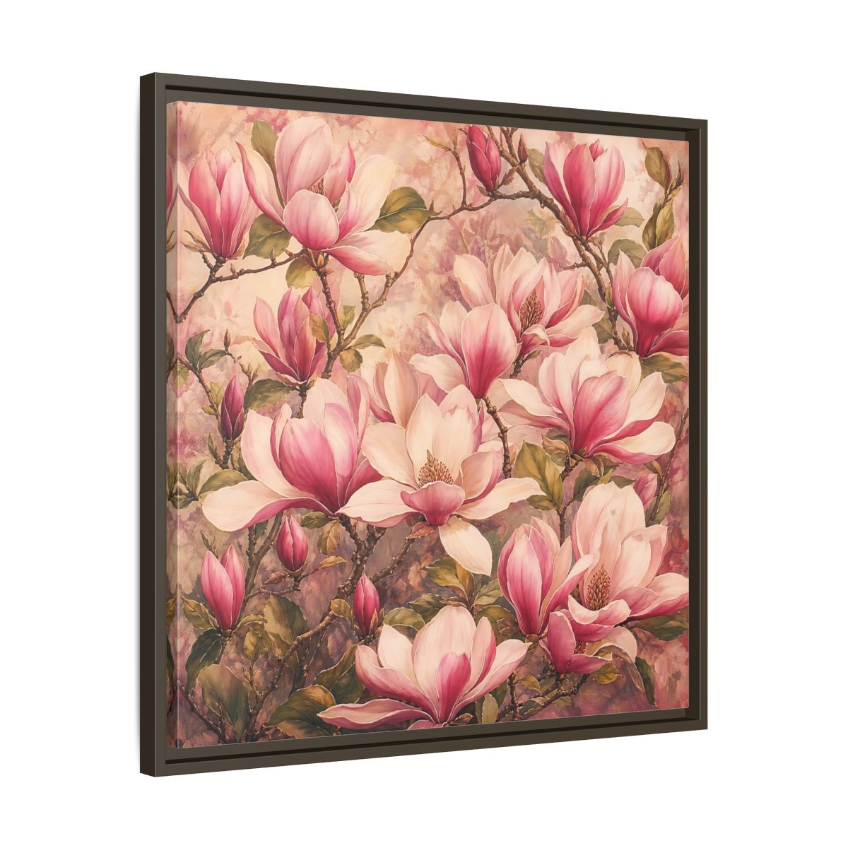Side Mockup 27. Timeless Heritage Painting Pink Magnolia Blossoms On Branch shown as stretched canvas wall art