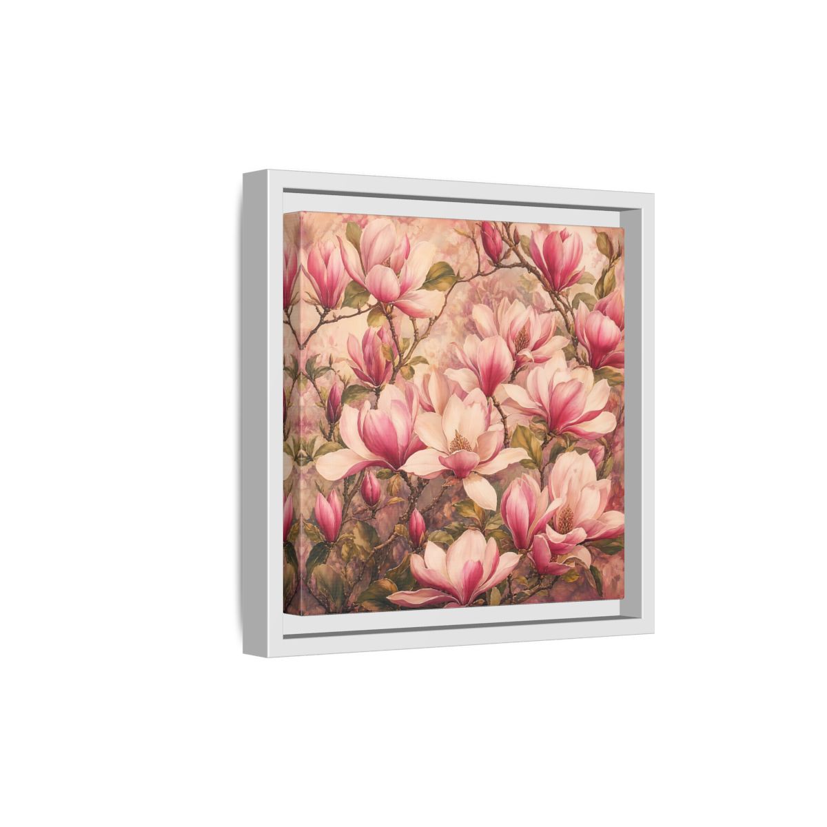 Side Mockup 19. Timeless Heritage Painting Pink Magnolia Blossoms On Branch shown as stretched canvas wall art