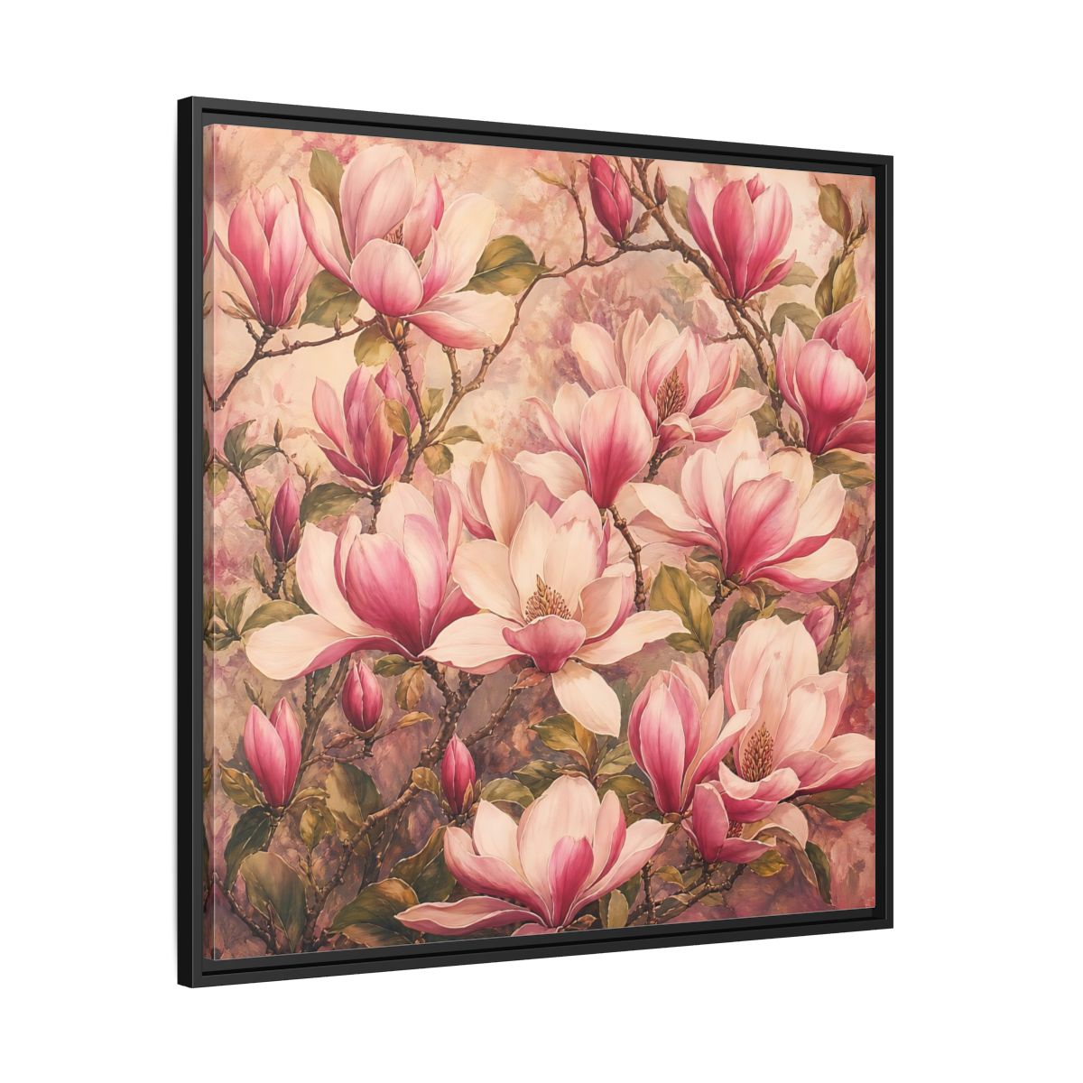 Side Mockup 30. Timeless Heritage Painting Pink Magnolia Blossoms On Branch shown as stretched canvas wall art