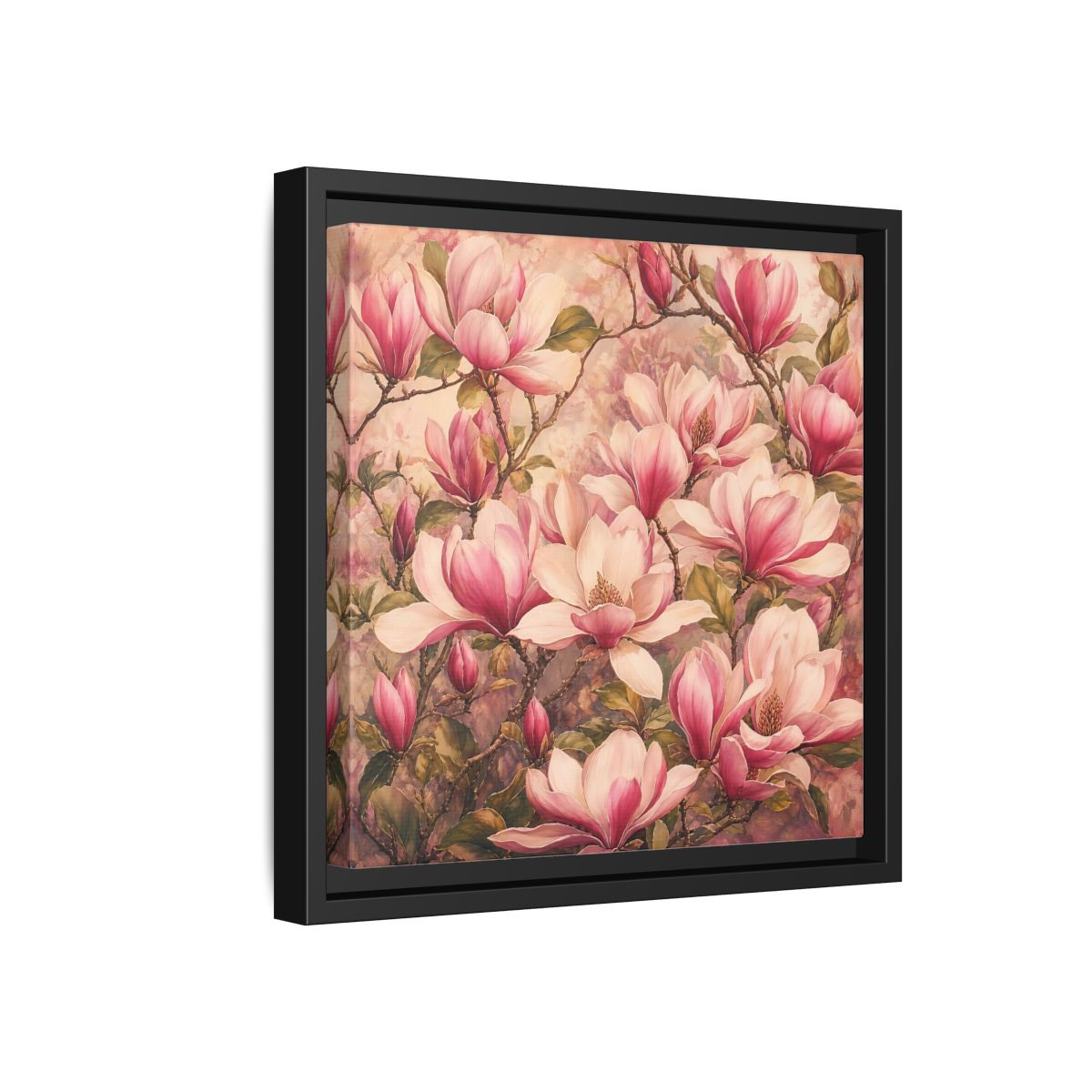 Side Mockup 18. Timeless Heritage Painting Pink Magnolia Blossoms On Branch shown as stretched canvas wall art